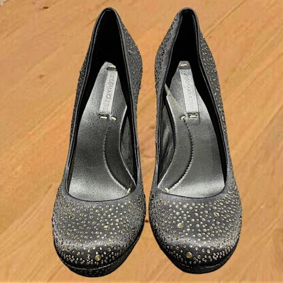 BCBG Black Satin and Pale Gold Studded Platform Heels Shoes Size 10 - Picture 7 of 11